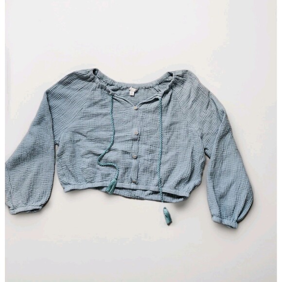 Cato Tops - Cato Gauze Button Up Blouse Long Balloon Sleeve V Neck Tassels Blue Sz L EUC